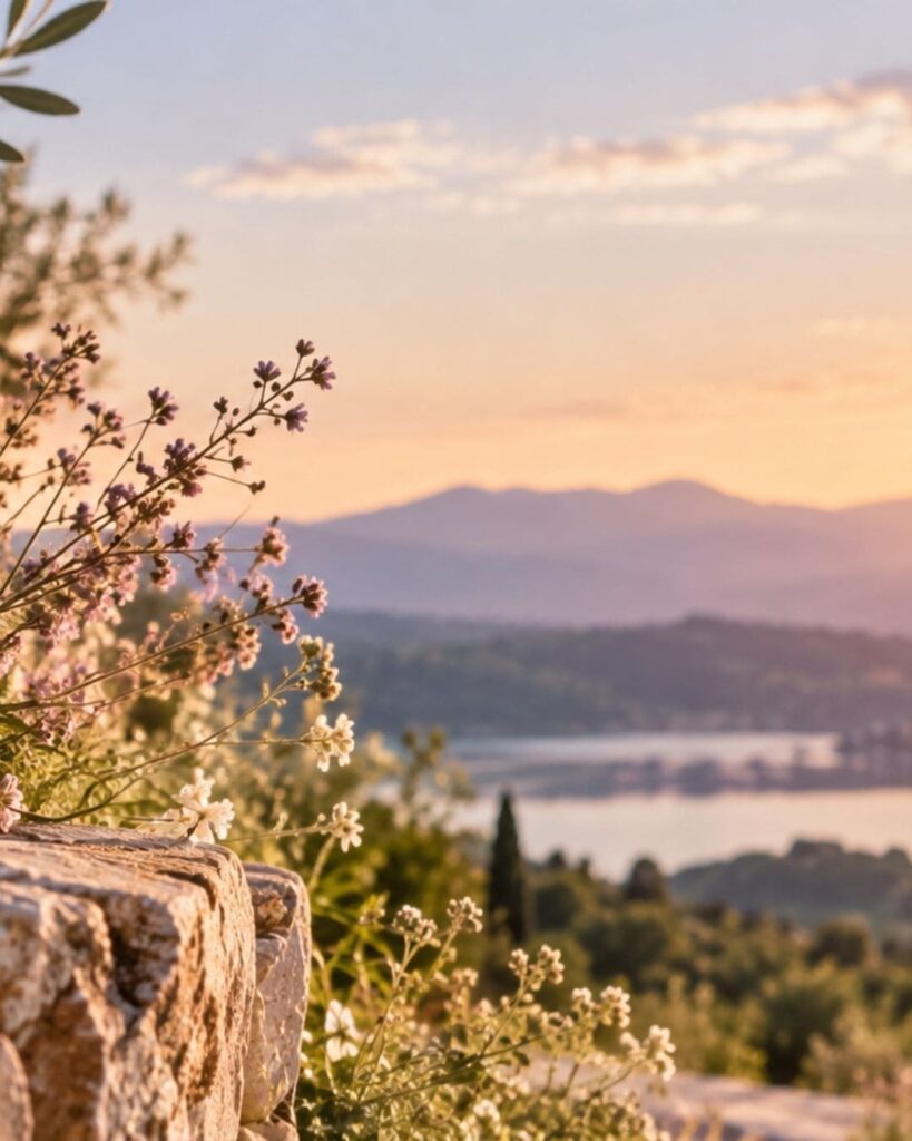 Paysage lumineux avec fleurs au premier plan, un lac et des montages à l'horizon